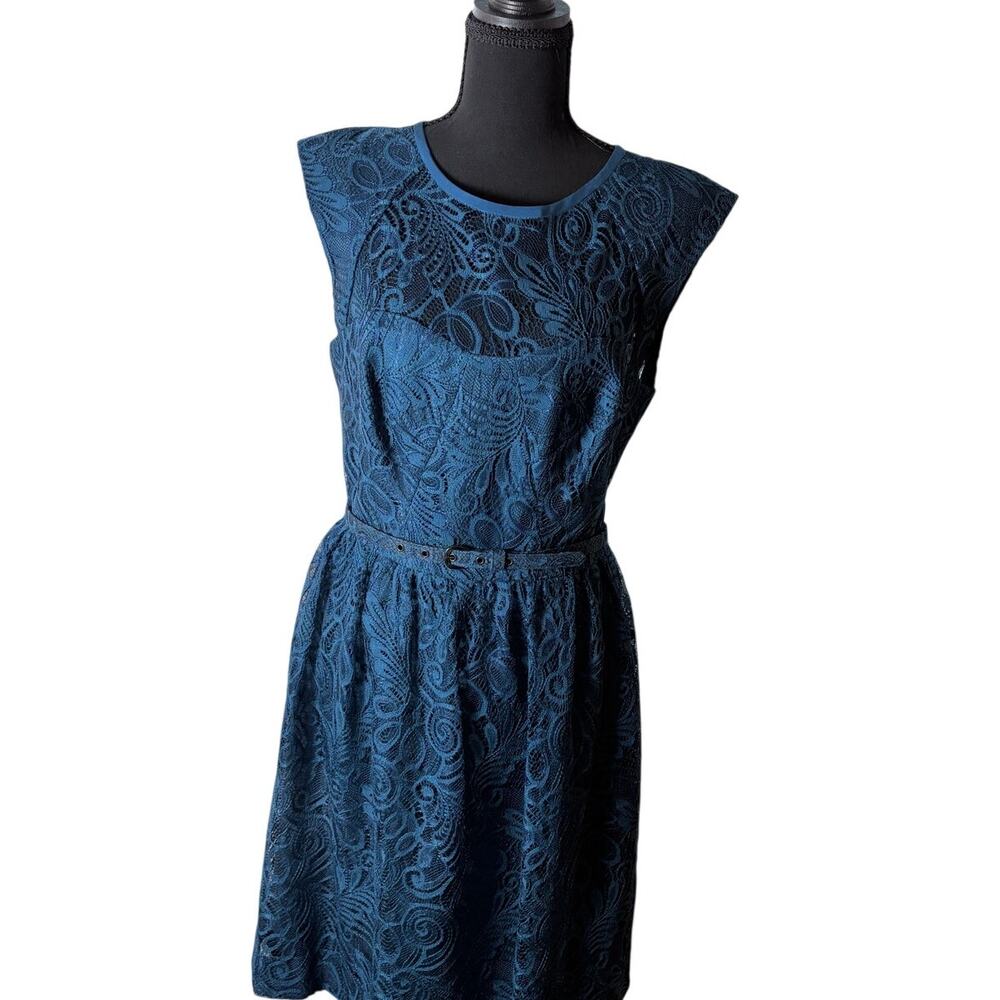 Trina Turk Lace Fit and Flare Dress 8 Teal Blue Illusion Neck Cocktail Party